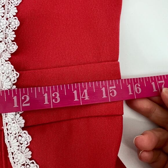 Vintage Jumpsuit 60s 70s Hand Made Wide Leg Womens Mediium Coral Red White Lace - Picture 7 of 13